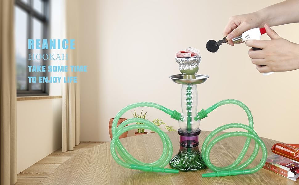 REANICE 11" Green Glass Hookahs Set 2 Plastic Hose Hookah Small Water