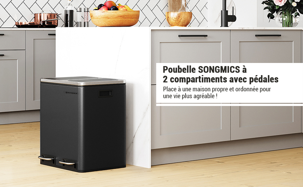 Songmics Poubelle En Métal 30L, Poubelle à Double Compartiment 2 X 15L, Avec Seaux Intérieurs Et Poignées, Fermeture En Douceur, Hermétique, Noir LTB30BK 11 LTB30BK