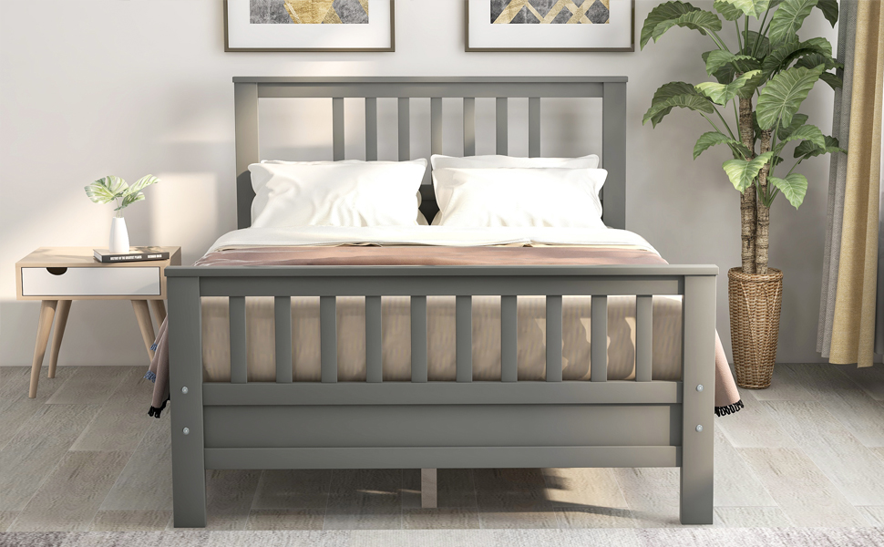 Full Bed Frame, Platform Wood Bed Frame with Headboard, No