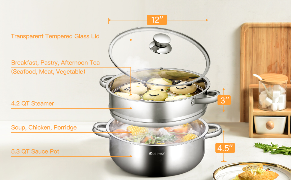 COSTWAY 2Tier Stainless Steel Steamer, 11Inch MultiLayer Boiler Pot
