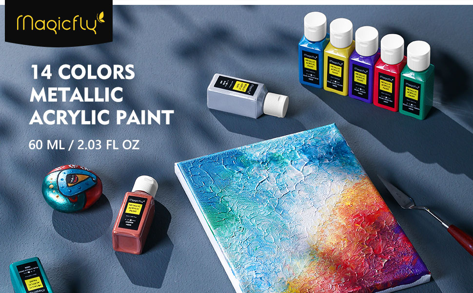 Magicfly Metallic Acrylic Paint Set 14 Colours (60ml, 2oz), Water