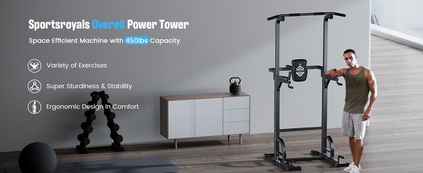 Sportsroyals Power Tower Pull Up Dip Station Assistive Trainer Multi-Function Home Gym Strength Training Fitness Equipment 440LBS