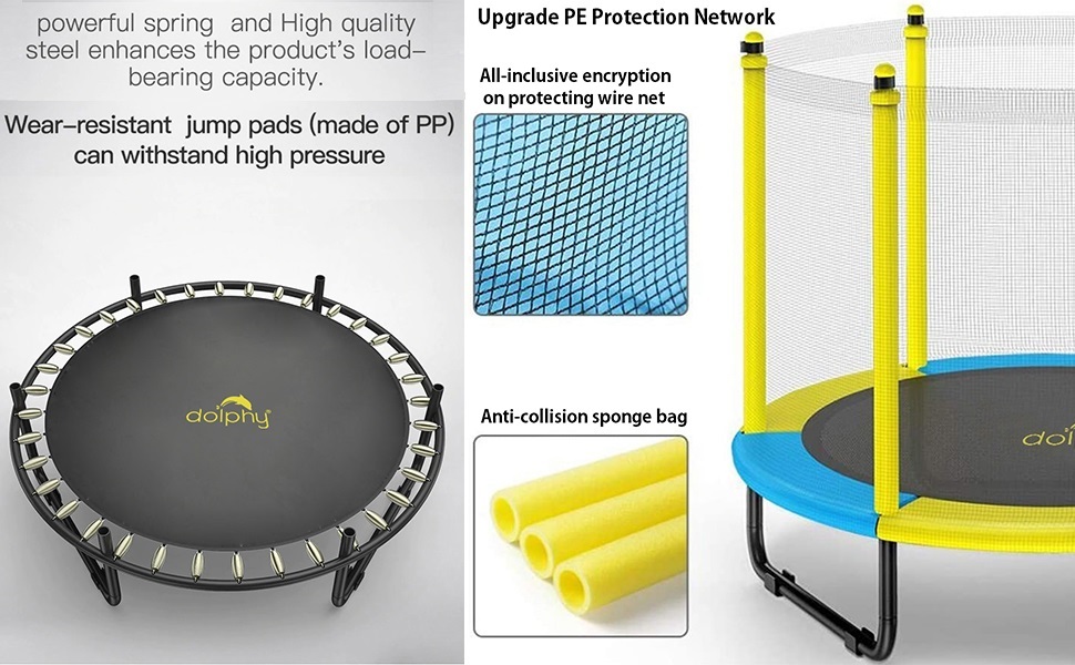 DOLPHY Trampoline with Enclosure Net adjustable handrail for kids indoor outdoor