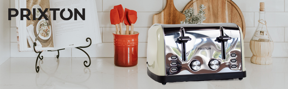 PRIXTON Weißer Toaster mit 4 Kochstellen 7 Stufen zum Toasten, Auftauen und Aufwärmen.