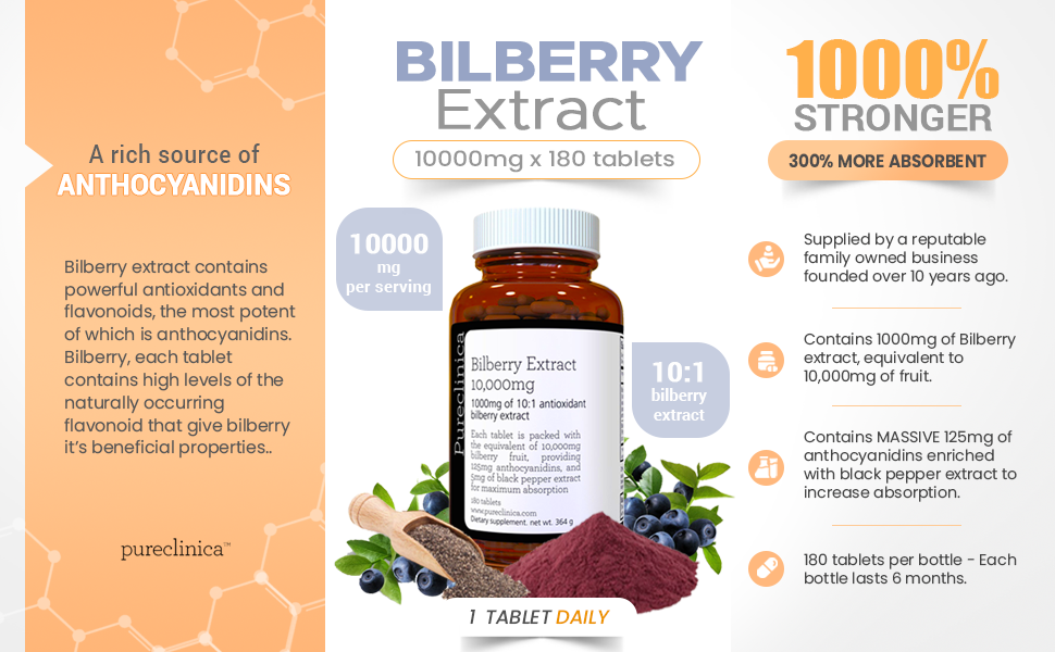 Bilberry Extract 10,000mg x 180 Tablets 6 Months Supply 10 X More Anthocyanidins Amazon.co