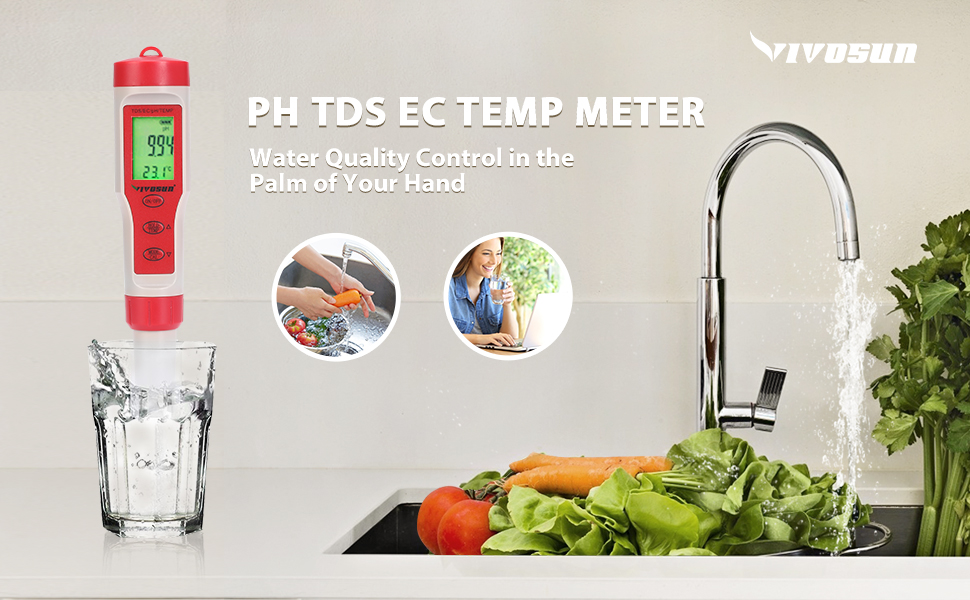 VIVOSUN 4in1 Digital pH Meter with ATC, pH/TDS/EC/Temp Function, ±0.1
