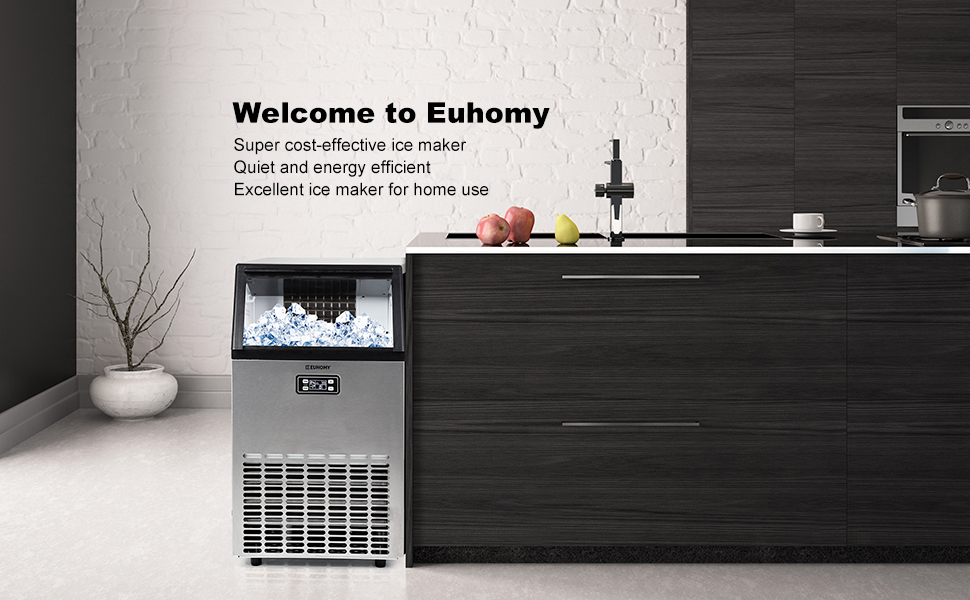 Euhomy Commercial Ice Machine, 2 Way Water Supply 100lbs/24H Stainless