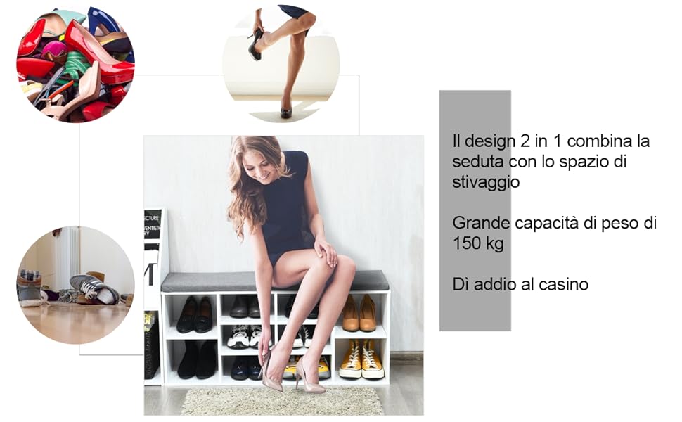 COSTWAY Scarpiera Salvaspazio Da Ingresso Con 10 Scomparti, Panca Contenitore Con Cuscino, Cassapanca Portascarpe 104 X 30 X 48cm, Bianco 14 1