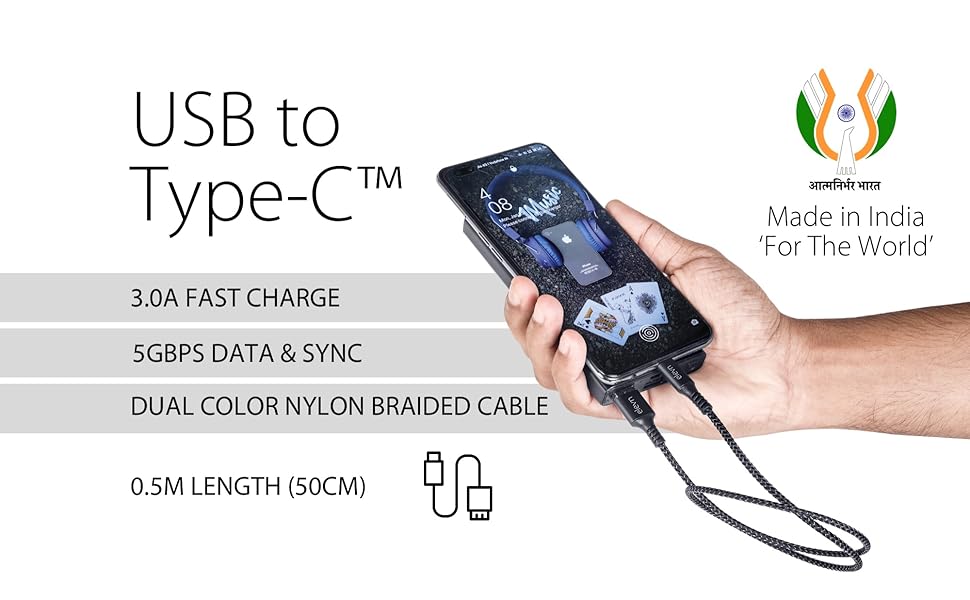 elevn charging cable, cord, short 0.5ft Braided Type C to A USB Cable, mini cable, small cable