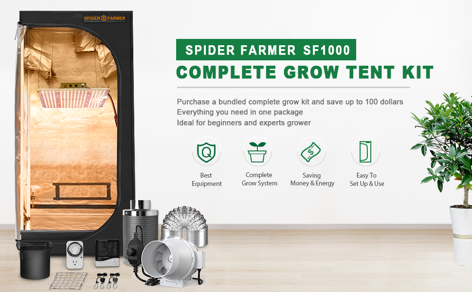 Spider Farmer Complete SF1000 Dimmable LED Grow Light Grow Tent Kit Full Package Setup system