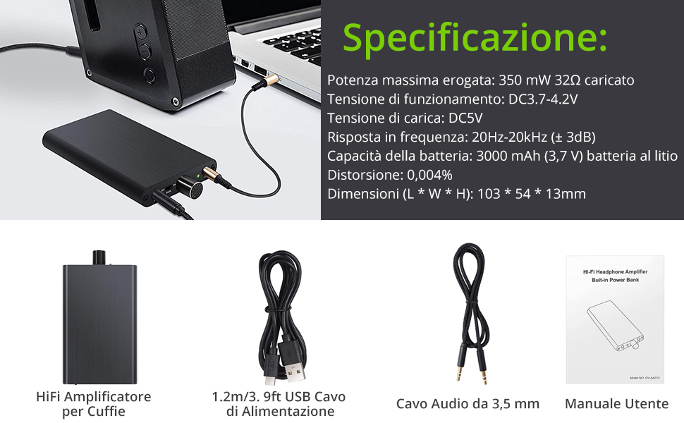 Amplificatore per cuffie HiFi 16-300Ω Mini amplificatore portatile ricaricabile da 1000 mAh