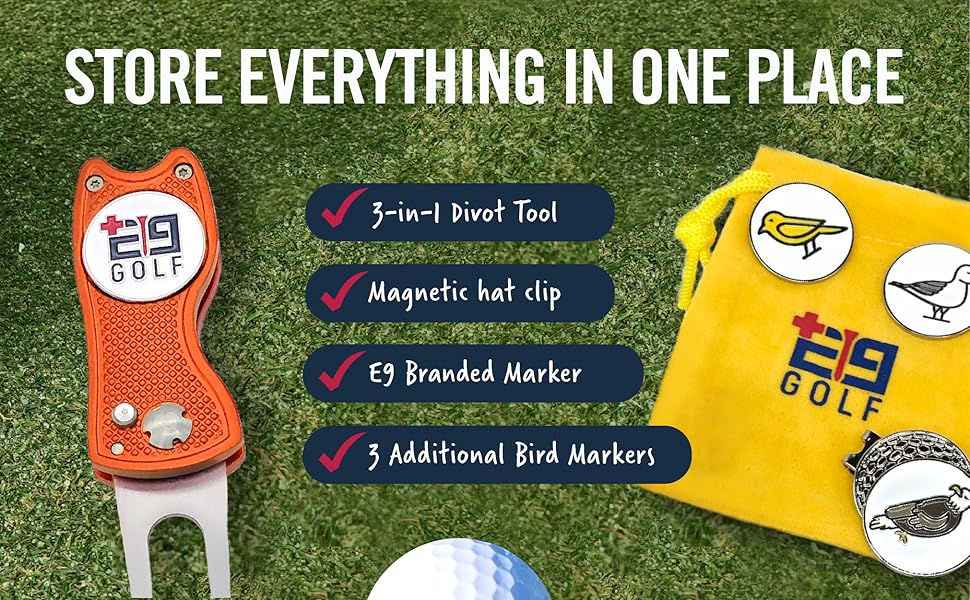 E9 Golf Divot Repair Tool with Switchblade Fork Extra Ball Markers and Storage Bag