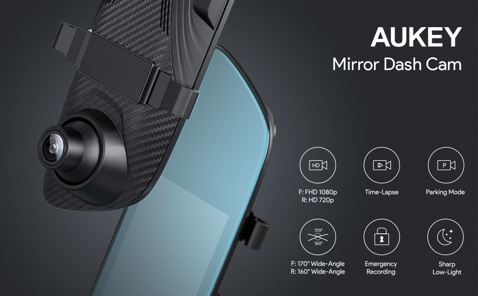 AUKEY Mirror Dash Cam Dual 6.8 inches LCD Touchscreen Car Camera 1080p Front Camera and 720P