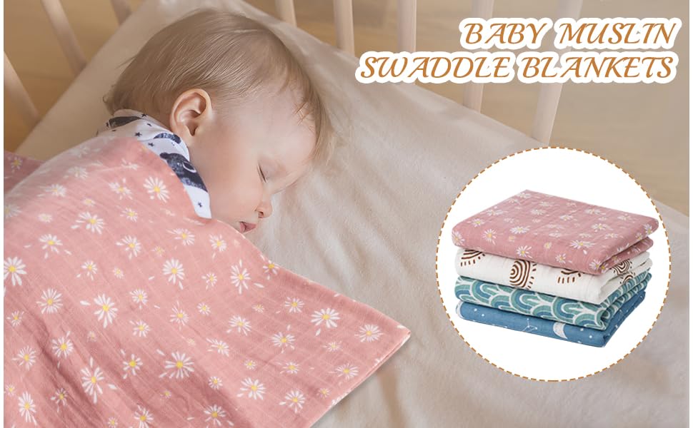 XLSXEXCL 4 Pack Muslin Baby Blankets, Soft 100 Cotton