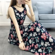Nibunuichi Style Women's 1/2 Style Floral Print Sleeveless Beautiful Maxi Long Dress