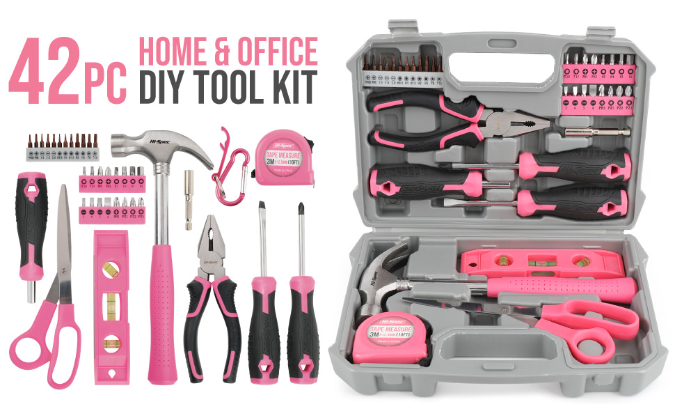 HiSpec 42pc Pink Home & Office DIY Hand Tool Kit Set. Complete Pink Tool Kit for Women Basic