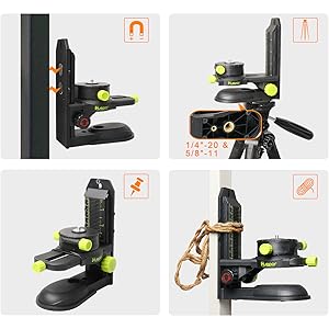 Huepar Adaptateur Niveau Laser, Base Pivotante Magnétique Multifonctionnelle Avec Clip Réglable, Laser Level Adapter à 360° Avec Filetage Mâle 1/4"-20, Rotation Précise à Micro-réglage - PV10+ 12 Méthodes d'installation multiples du support ●Grâce aux aimants puissants, le support peut être fixé au clip arrière à n’importe quelle hauteur ou sur d’autres surfaces métalliques. ●Un filetage femelle de 1/4"-20 et 5/8"-11 permet de le fixer à un trépied ou à un pôle laser. ●Les fentes pour vis, clous, chemins de roulement ou sangles optionnelles sont conçues pour rendre l'installation plus ferme. ●La conception de la rainure des deux côtés de l'arrière du support peut être fixée à une corde.