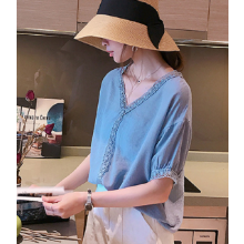 [1/2style (ニブンノイチスタイル)] 五分袖 シフォン レース シャツ ブラウス チュニック トップス レディース