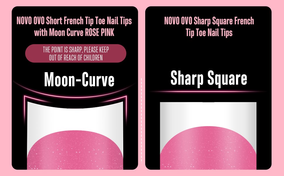 Short French Tip Toe Nail Tips with Moon Curve ROSE PINK