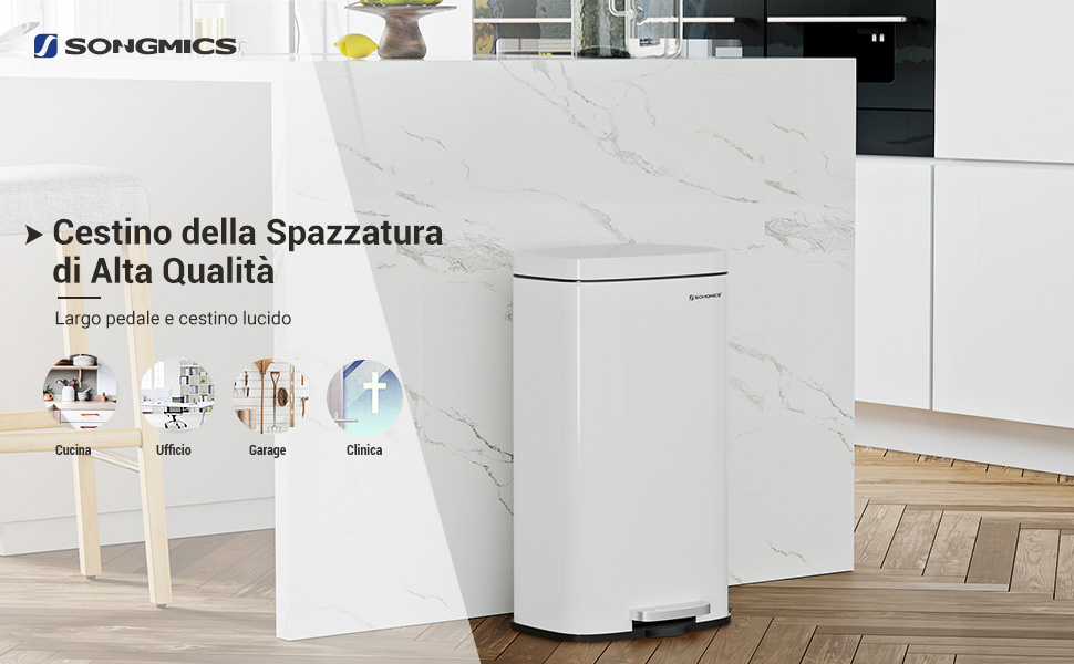 Songmics Cestino Della Spazzatura Della Cucina, Pattumiera A Pedale Di 30 Litri, Con Cestino Interno In Plastica, Coperchio A Cerniera, Chiusura Lenta, A Prova Di Odore E Igienico, Bianco 10 1/