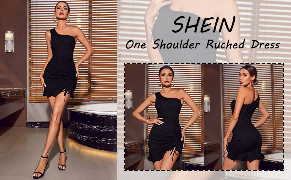 women ruched one shoulder drawstring mini short bodycon dress