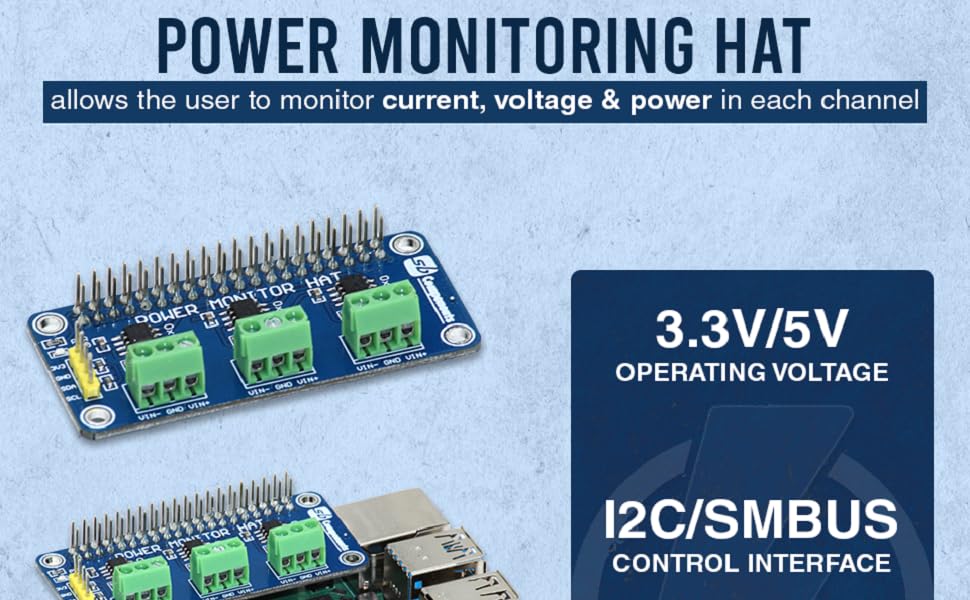 sb components Power Monitoring HAT 3 Channel Current/Voltage/Power Monitor HAT for Raspberry Pi