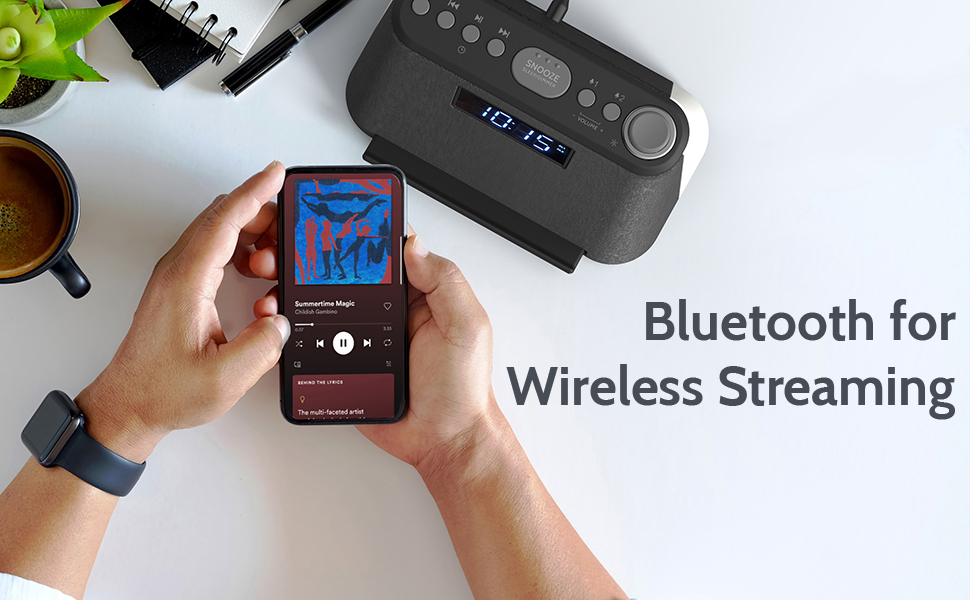 Alarm Clock Bedside FM Radio Non Ticking with USB Charger & Wireless QI