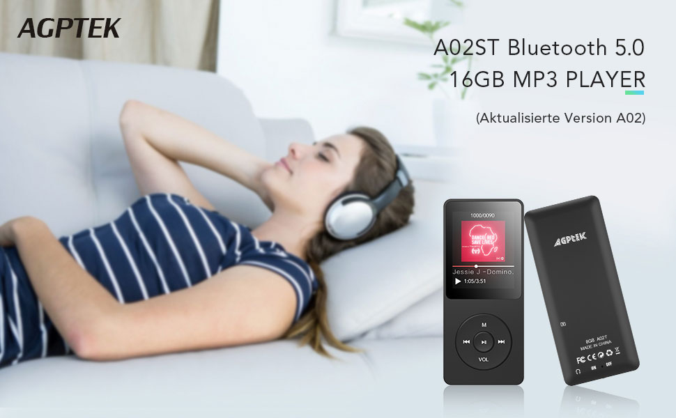 AGPTEK MP3 Player 16GB Bluetooth 5.0 mit Kopfhörer, 1.8 Zoll 70 Stunden