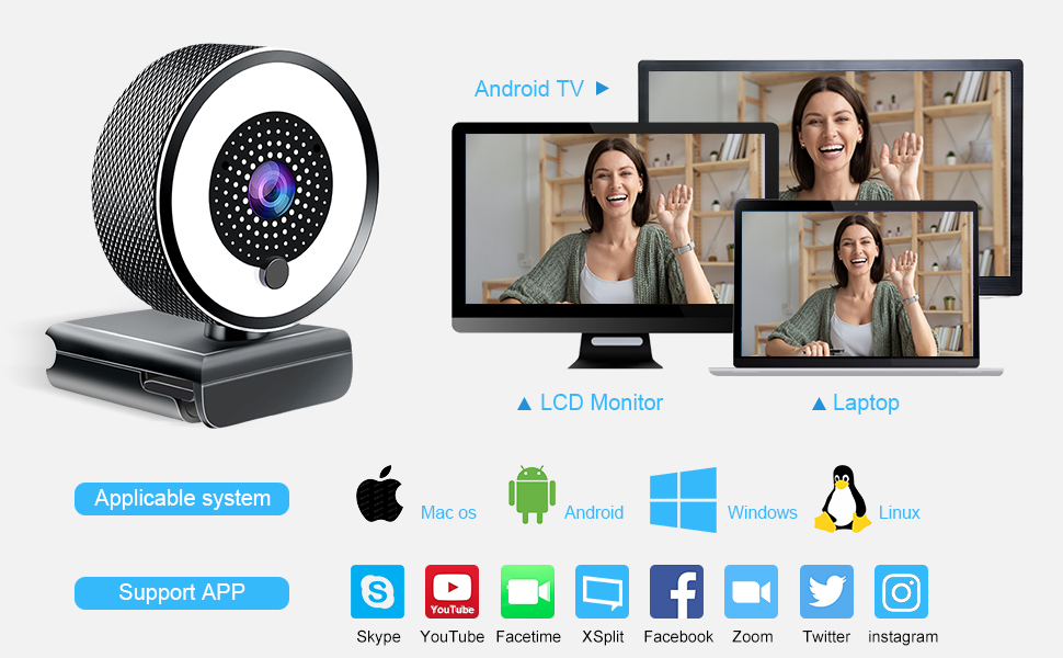 Streaming Webcam, 2K Full HD Computer Camera with Ring Light and Dual Microphone