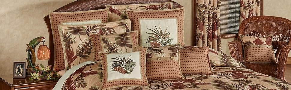 Touch of Class Key West Tropical Palm Tree Leaves - Oversized - Russet, Brown, Sage Green - Comforter Set - King Size… Tropical Comforter Set, Exclusive Design