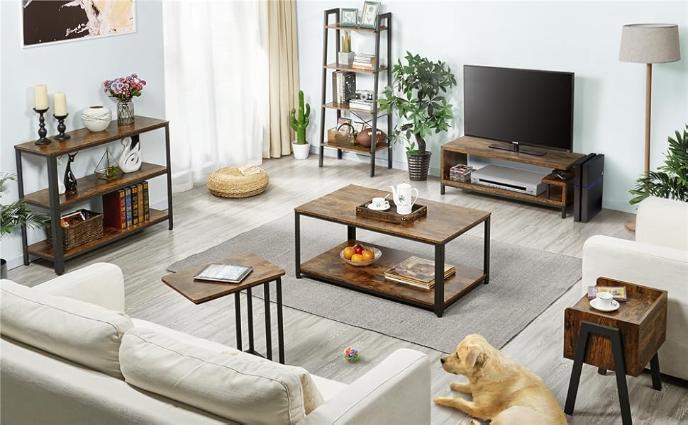 Scratch Proof And Metal Frame Rustic Brown Yaheetech Living Room Table Sets Of 2 Industrial Design Coffee Table Console Table Set With 3 Tier Storage Shelves For Living Room Entryway Hallway Living Room Furniture