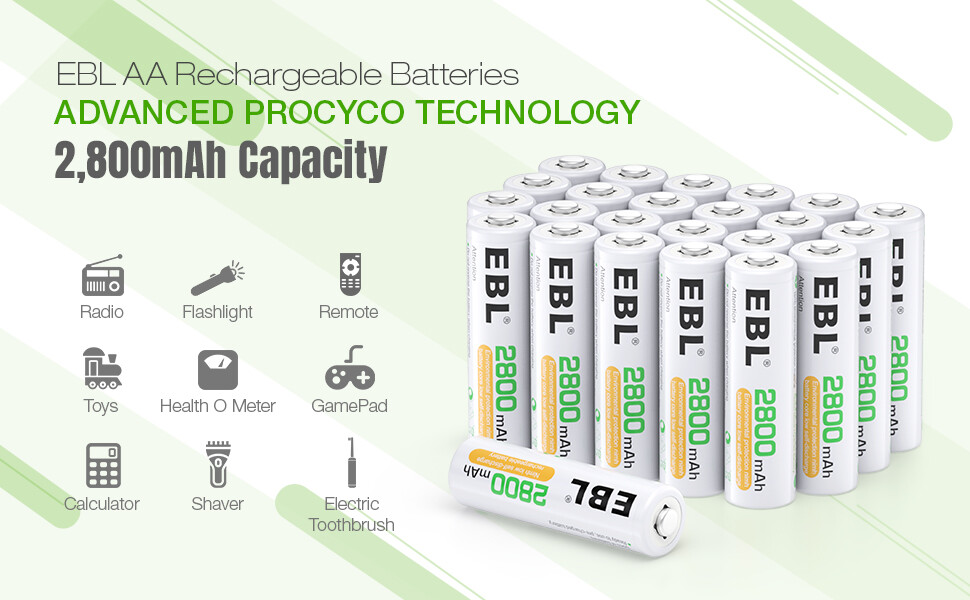 EBL Lot de 16 piles rechargeables haute capacité AA 2800 mAh Ni-MH 1,2 V  1200 cycles (boîtier de piles inclus) 