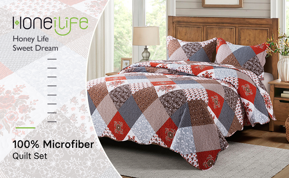 HoneiLife Quilt Set King Size 3 Piece Microfiber Bedspread Reversible