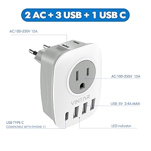 1 USB Type C and 3 USB Ports European Travel Plug Adapter