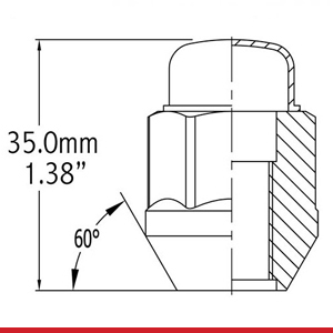 Closed End Bulge Acorn Seat 60 degree angle Lug Nut Dimensions 1.38" , 35mm Long