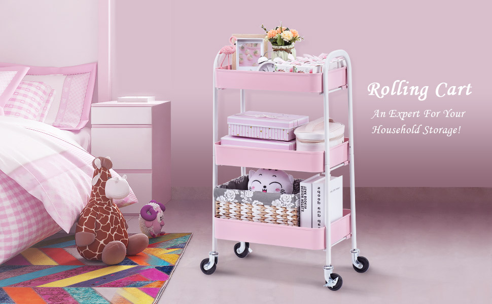 TOOLF 3 Tier Rolling Cart, No Screw Metal Utility Cart, Easy Assemble Utility Serving Cart