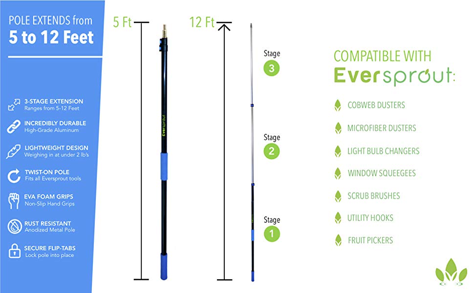 EVERSPROUT 1.5m3.7m Telescopic Extension Pole (6m Reach) Lightweight