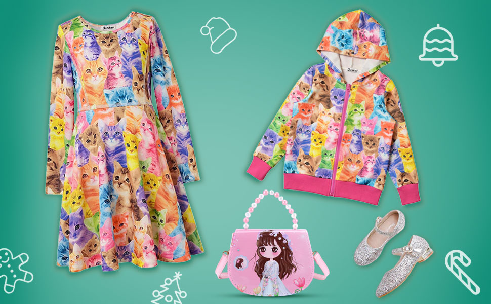 Jxstar Girls Long Sleeve Dresses Kids Unicorn Clothes Cotton Outfits 3-13 Years