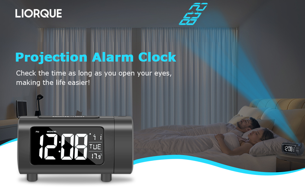 LIORQUE Projection Alarm Clock with FM Radio, Temperature Monitor, USB Charger, Weekend Mode, 2