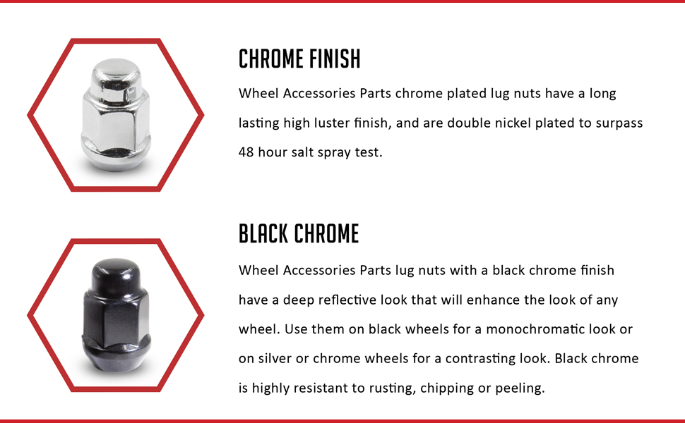 Bulge Acorn Lug Nut Finish Chrome, Black Chrome. High Luster, Rust Resistant, 48hr Salt Spray