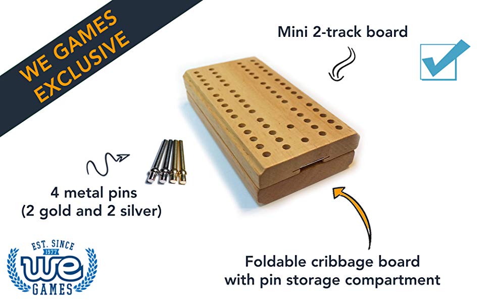 WE Games Mini Cribbage Set Folding Wooden 2 Track Board with Metal