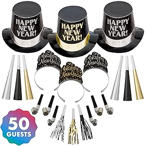 NYE ball drop black silver gold noisemaker hats party supplies fun photo booth accessories
