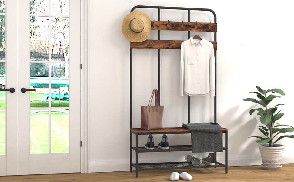 Großer Garderobenständer, Kleiderständer Mit Schuhregal, Garderobe Mit 12 Haken Und Sitzfläche, Sitzbank, Viel Stauraum, Für Flur, Schlafzimmer, Industriesti, 100 X 35,5 X 182 Cm, HOOBRO EBF05MT01 12 EBF05MT01