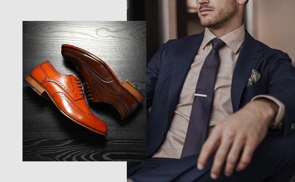 Classic brogue wing tip,lace up and soft round-toe design with ornamental perforated patterns.
