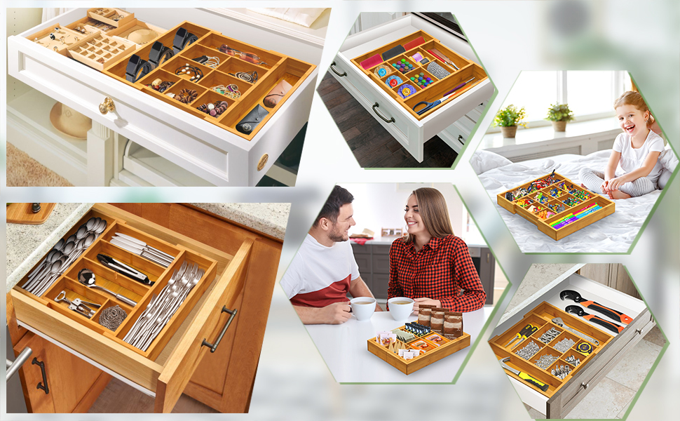 Bamboo Expandable Drawer Organizer, Adjustable Silverware