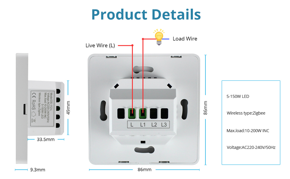 Yagusmart Zigbee Smart Wall Light Switch, Neutral Wire Optional, APP