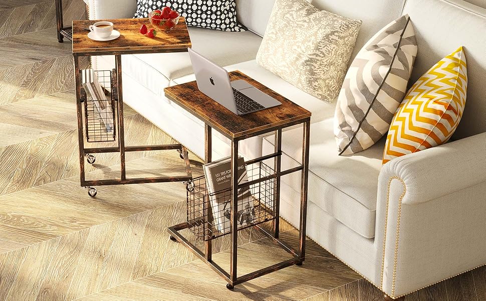 Rolanstar C Shaped Mobile Sofa Table, End Table with a Side Storage