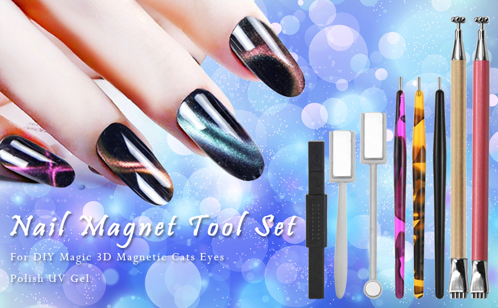 Geluode 8 Pièces Outil Aimant Ongles pour Effet Oeil de Chat Parfait, Aimant Bâton Aimant Stylo