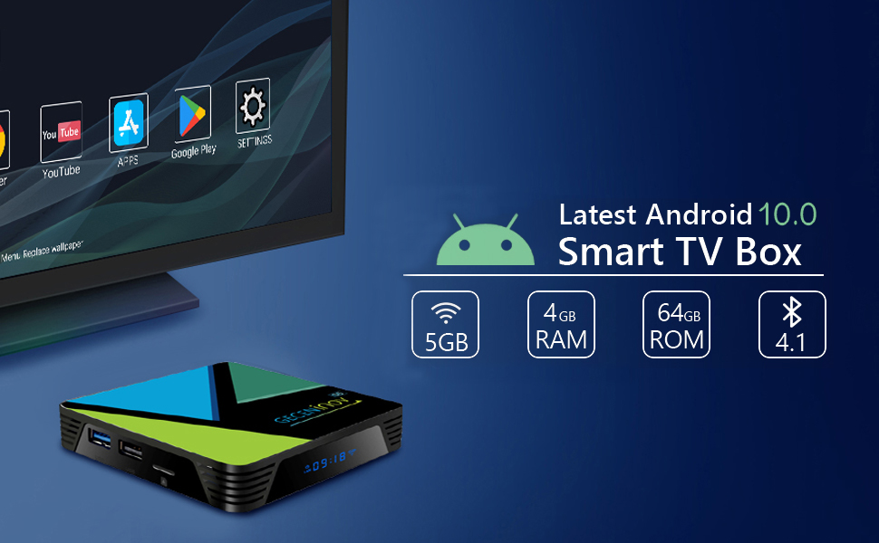 Smart TV Box, Android TV Box 10.0, 4K 4GB RAM/64GB ROM 3D High