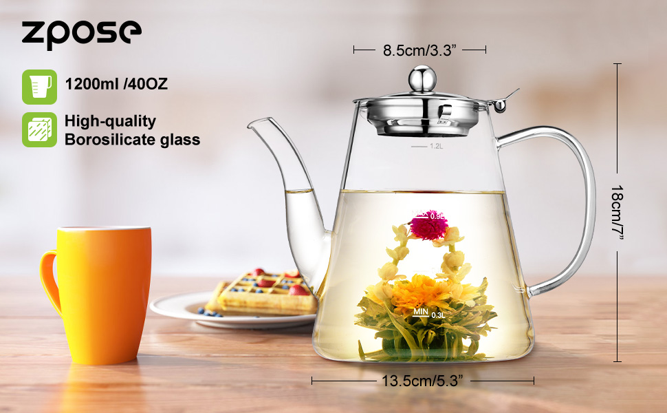 Glass Teapot, Zpose Tea Pot, 1200 ml Teapot, Teapots with Scale Line